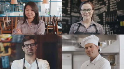 Collage portraits of restaurant team staff smiling at camera