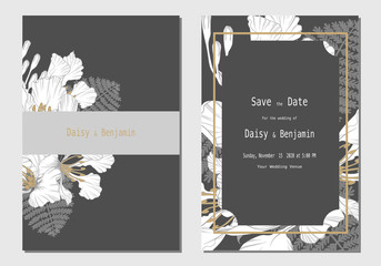 Set of wedding card invitation with white and gold royal poinciana flowers hand drawn on black tone background with luxury design 