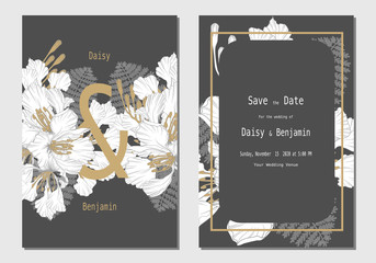 Set of wedding card invitation with white and gold royal poinciana flowers hand drawn on black tone background 
