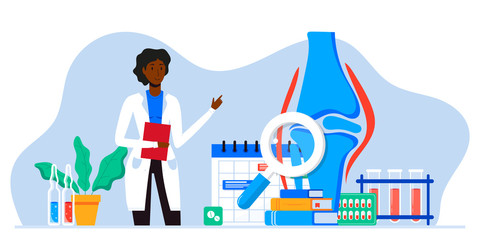 Doctors research human bones, joints. Joint knee part pain. Human anatomy healthcare medical concept. World arthritis day in October, Osteoporosis banner. Orthopedics doctor. For landing page, banner