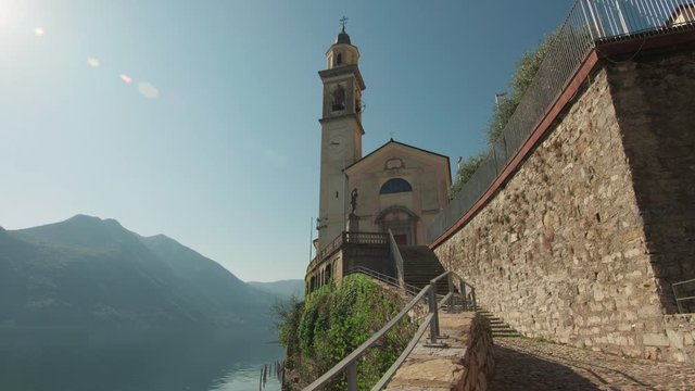 Small Rural Town and Church on a Lake in Italy