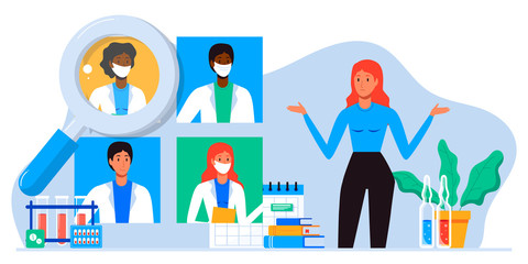 Patient chooses family doctor, doctors team medical staff portraits. Online searching therapist via internet. Mobile app to find a specialist, medical insurance, telemedicine. For banner, flyer