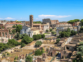 Fototapeta na wymiar Ruins of the Roman forum in the center of Ancient Rome