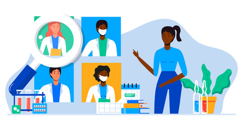 Patient chooses family doctor, doctors team medical staff portraits. Online searching therapist via internet. Mobile app to find a specialist, medical insurance, telemedicine. For banner, flyer