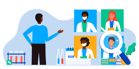 Patient chooses family doctor, doctors team medical staff portraits. Online searching therapist via internet. Mobile app to find a specialist, medical insurance, telemedicine. For banner, flyer