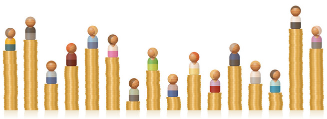 Income differentials of rich and poor people on low and high coin towers. Symbol for different earnings, inequality, diverse wealth, career, prosperity and business chances. Vector on white.
