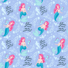Art. Fashion illustration drawing in modern style. Beautiful mermaid pattern on lilac background. Design for kids clothes.