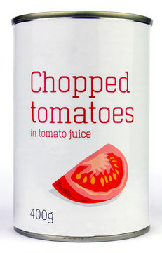 Chopped tomatoes in tomato juice in a white labelled unbranded tin can on an isolated white background