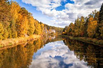 autumn landscape on a calm river. water surface