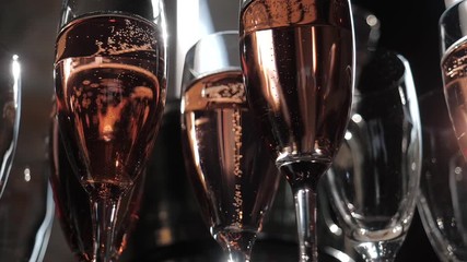 A lot of glasses with champagne with sparkling wine at the Banquet