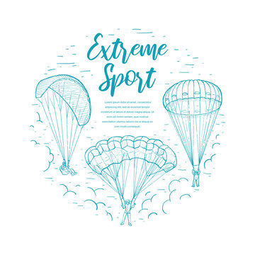 Extreme Sports Template. Doodle Sketches Vector Circle Frame With Skydivers Flying With A Paraglider And Parachute