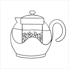 Teapot line icon. Black and white teapot vector illustration. Linear art kettle isolated on white background. Doodle style kitchen equipment