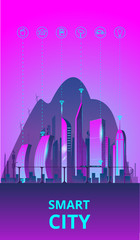 Fantastic smart city in the style of cyberpunk. Vector illustration in retro style in neon colors. Night city of the future. Banner templat.