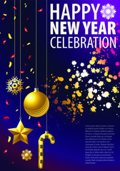 Naklejka premium Greeting blank template for new year on christmas holiday. New Year's accessories, gift boxes and sparks are in the composition.