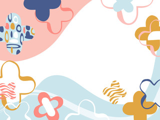 abstract background of positive shape, flower shape and wave frame. Blue, pink and yellow pastel color.
Vector design for prints, flyers, banners, invitations card, special offer and more.