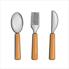 Vector colored dinnerware set. Kitchen tool icons isolated on white background. Cartoon style cooking equipment. Spoon, knife, fork vector illustration