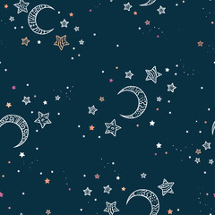 Naklejka premium Cute hand drawn night sky seamless pattern with ornate stars and moons, comic background, great for textiles, banners, wallpapers, wrapping - vector design