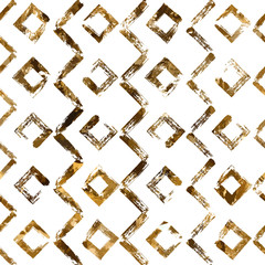 Geometric hand drawn golden seamless pattern. Vector zig zag ink lines. Golden dry brush stroke abstract shapes background. Vector