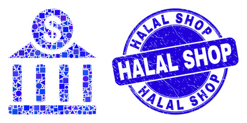 Obraz premium Geometric dollar bank office mosaic icon and Halal Shop seal. Blue vector round grunge seal stamp with Halal Shop title. Abstract mosaic of dollar bank office organized of round, triangles,