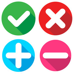 Set of flat square check mark, X mark, plus sign and minus sign icons, buttons isolated on a white background. EPS10 vector file