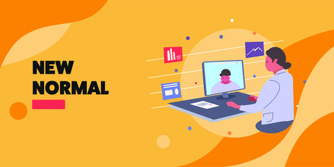 Woman and Man Meeting online via the internet. Ilustration about new normal condition after pandemic