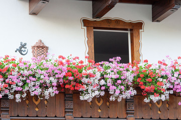 Fototapeta na wymiar traditional Trentino wooden balcony adorned with blooming flowers