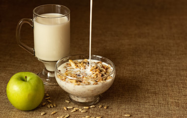 Oatmeal in a glass bowl, pouring milk. Next to a mug of milk and lies a whole apple. Selective focus, place for text