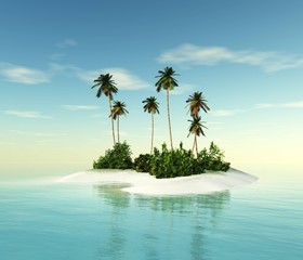 Island with palm trees in the tropics of the middle of the ocean, 3D rendering © ustas