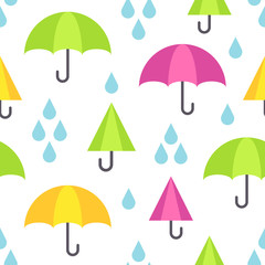 Umbrella seamless pattern. Vector background with umbrellas and rain drops. Cute seasonal illustration.