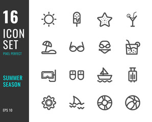 Set of 16 icons summer season thin line style