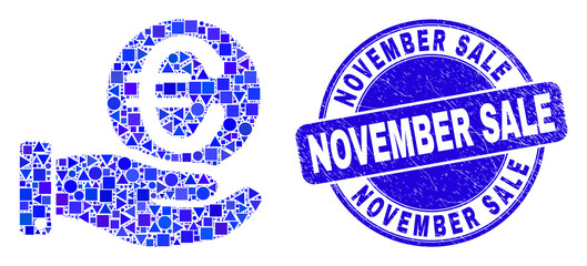 Geometric hand offfer euro coin mosaic pictogram and November Sale seal. Blue vector round textured seal stamp with November Sale text. Abstract mosaic of hand offfer euro coin organized of round,