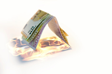 Buy house, finance, paper money, crisis, broker, inflation, Covid-19, percentage, security, fire, investor.