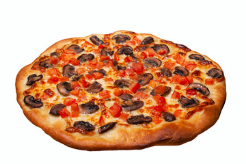 fresh homemade Italian pizza with mushrooms, pepper and tomatoes on white background