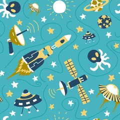Gordijnen Naadloze achtergrond met ruimteschepen en sterren, ruimtepatroon © JANNTA