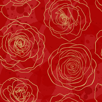 Seamless pattern watercolor red textured with golden outline roses. Hand drawn contour lines. design greeting card and invitation of the wedding, birthday, Valentine s Day, mother s day, holiday