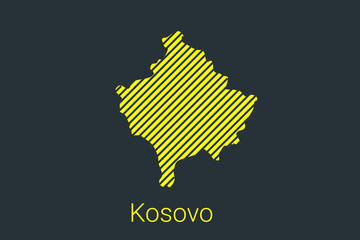 Naklejka premium Map of Kosovo, striped map in a black strip on a yellow background for coronavirus infographics and quarantine area markers and restrictions. vector