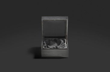 Blank black opened wood gift box mockup, dark background