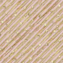 Abstract seamless pattern with 3d golden glittering acrylic paint polka dot and stripes on pastel pink background