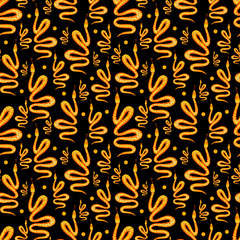 Exotic pattern seamless with orange snakes and graphic elements on dark background. Hand drawn illustration