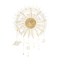 chic golden luxurious retro vintage engraving style. image of the sun and moon phases. culture of occultism. Vector graphics