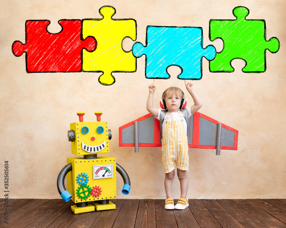 Canvas Prints happy child with toy robot