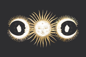 Fototapeta premium chic golden luxurious retro vintage engraving style. image of the sun and moon phases. culture of occultism. Vector graphics