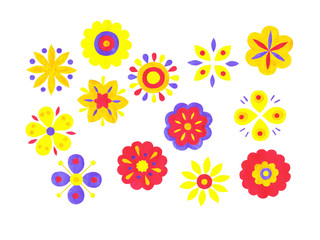 Fototapeta na wymiar Set of flowers, decorative abstract flowers for kids, watercolor 