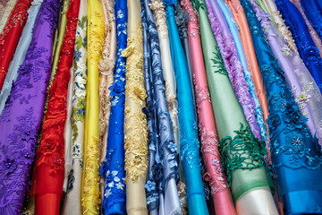 Colorful silk scarfs in the Thai white ethnicity village