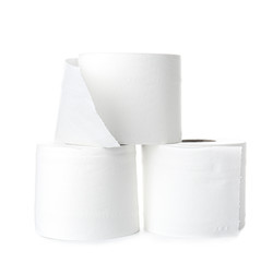 Rolls of toilet paper on white background