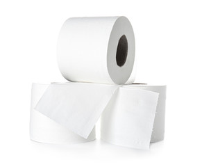 Rolls of toilet paper on white background