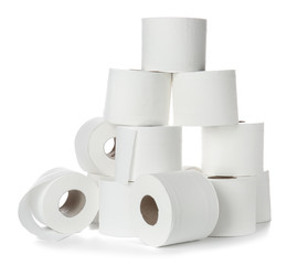 Rolls of toilet paper on white background