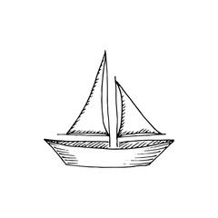 Sail canvas boat ship isolated on white background. Vector hand drawn sketch illustration in doodle outline style. Concept of sailing, summer vacation, sea cruise, round trip, weekend spending.