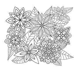 Fototapeta premium Fantasy abstract flowers with decorative leaves and simple pattern on white isolated background. Botanical doodle illustration. Good for coloring book pages.