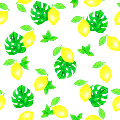 Seamless pattern with lemon, tropical leaves, mint, watercolor on white background 